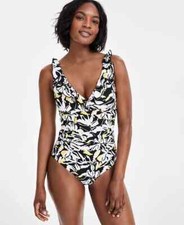 DKNY Women's Ruffle Neck One-Piece Swimsuit Fluorescent Yellow Black  White M