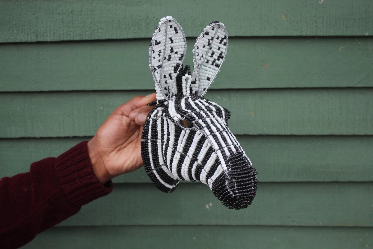 Beaded Zebra Trophy Head for Wall Decor. Black White African Art