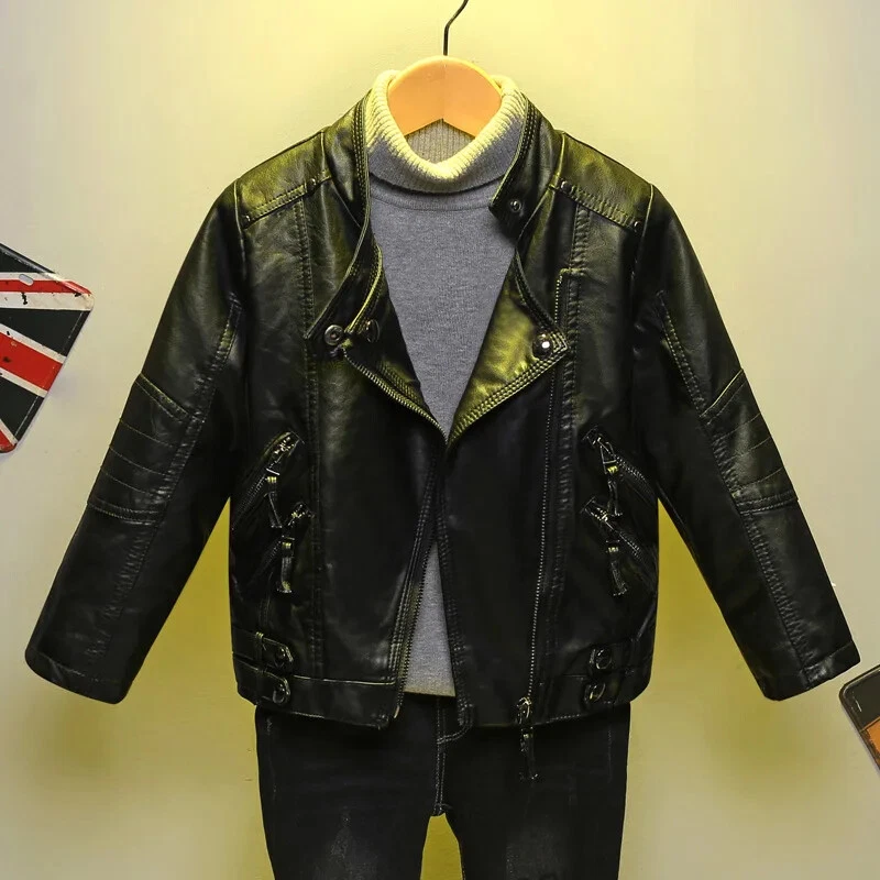 Girls Leather Jacket Spring Autumn Plus Velvet Children PU Kids Zipper Overcoat - Image 3 of 4