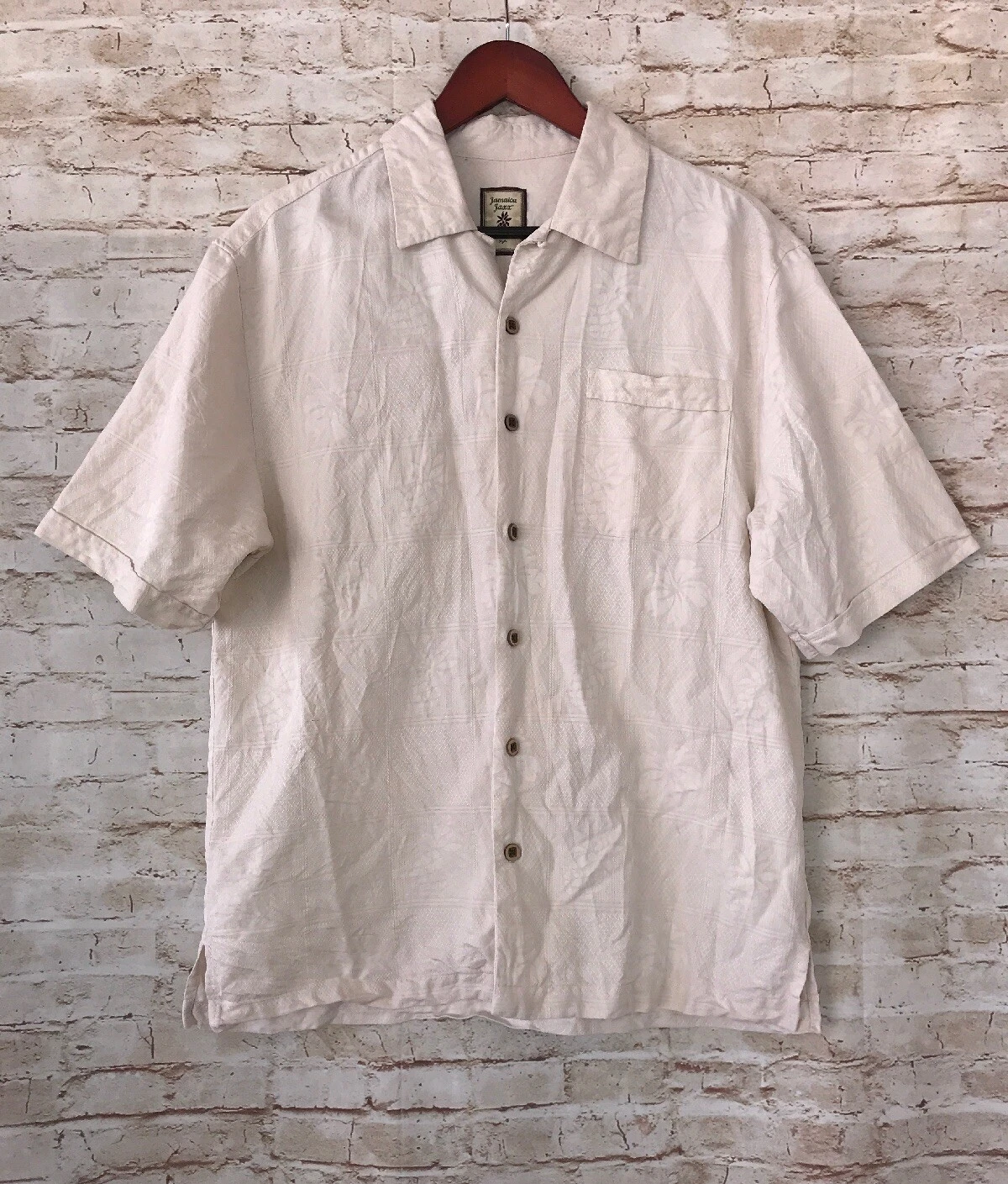 Jamaica Jaxx Pineapple & Floral Button Up Silk Hawaiian Shirt - Cream- Medium