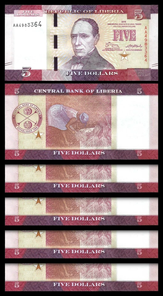 Liberia 5 Dollars 2016, UNC, 10 Pcs LOT, Consecutive, P-31,New Design, Prefix AA - Image 2 of 4