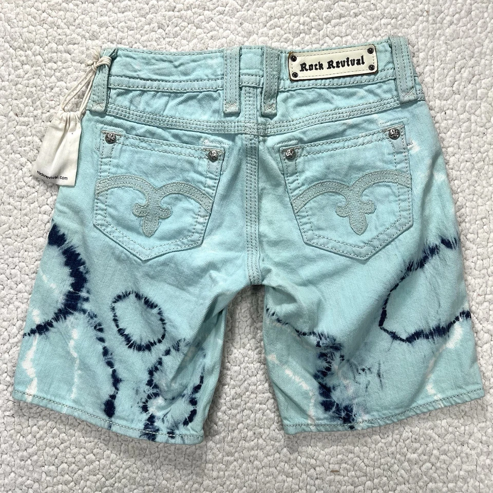 Pantalones Cortos De Colección Rock Revival Alanis Fácil 25 (28×8) Dobladillo Aqua Tie-Dye Denim Foto 2 de 4