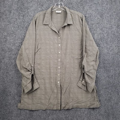 J Jill Plaid Button Up Shirt Womens XL Brown Tunic Long Sleeve Roll Tab Casual
