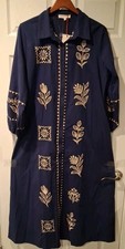 Solitair Linen Brand Long Sleeve Embroidered Maxi Dress Size XL Navy