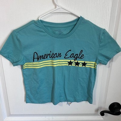 American Eagle Kids Teal Blue Graphic T-Shirt Stars Stripes Size 10 8-9Y Cotton