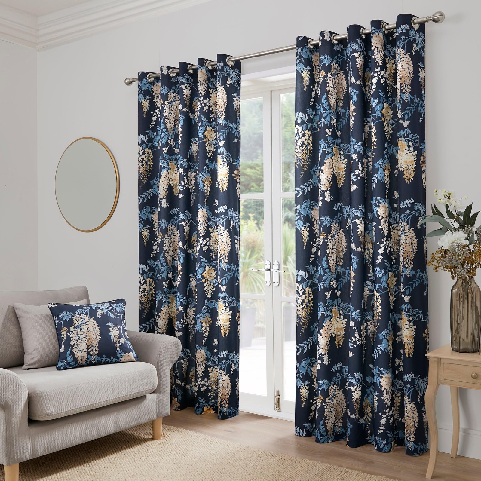 Dreams & Drapes Navy Wisteria Curtains – W66 x L72 (168x183cm) – 2 Panels – Flor