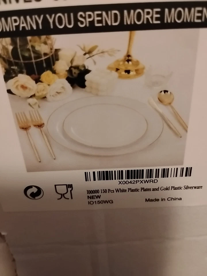 Platos dorados y blancos I00000 150 piezas de cubiertos de plástico dorado  Foto 2 de 2