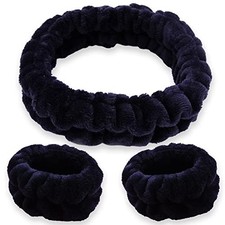 Puffy Spa Headband and Wristbands for Face Washing, Fuzzy Skincare Black
