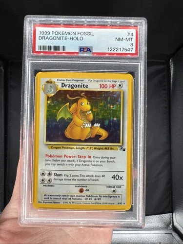1999 Pokémon Fossil Dragonite 4/62 Holo Rare Unlimited PSA 8