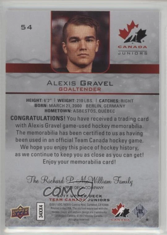 2017 Upper Deck Team Canada Juniors Canada Jerseys Alexis Gravel #54 - Image 2 of 2