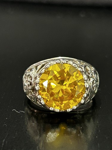 Vintage Ring Size 7.25 Silver 925 Yellow Large Round Citrine Art Deco Sapphire