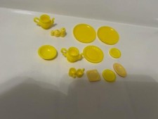 1990s Barbie Yellow Kitchen accessories: plates, canester set, cups, teapots