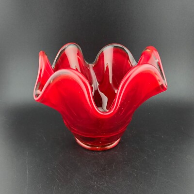 Viking Epic 6 Petal Red Glass Tealight Candle Holder Bon Bon Dish Vintage Small