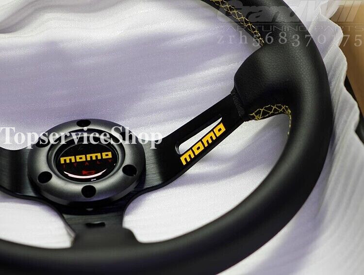 MOMO 350mm 14' Genuine Leather Deep Cone 90mm Black Spoke Sport