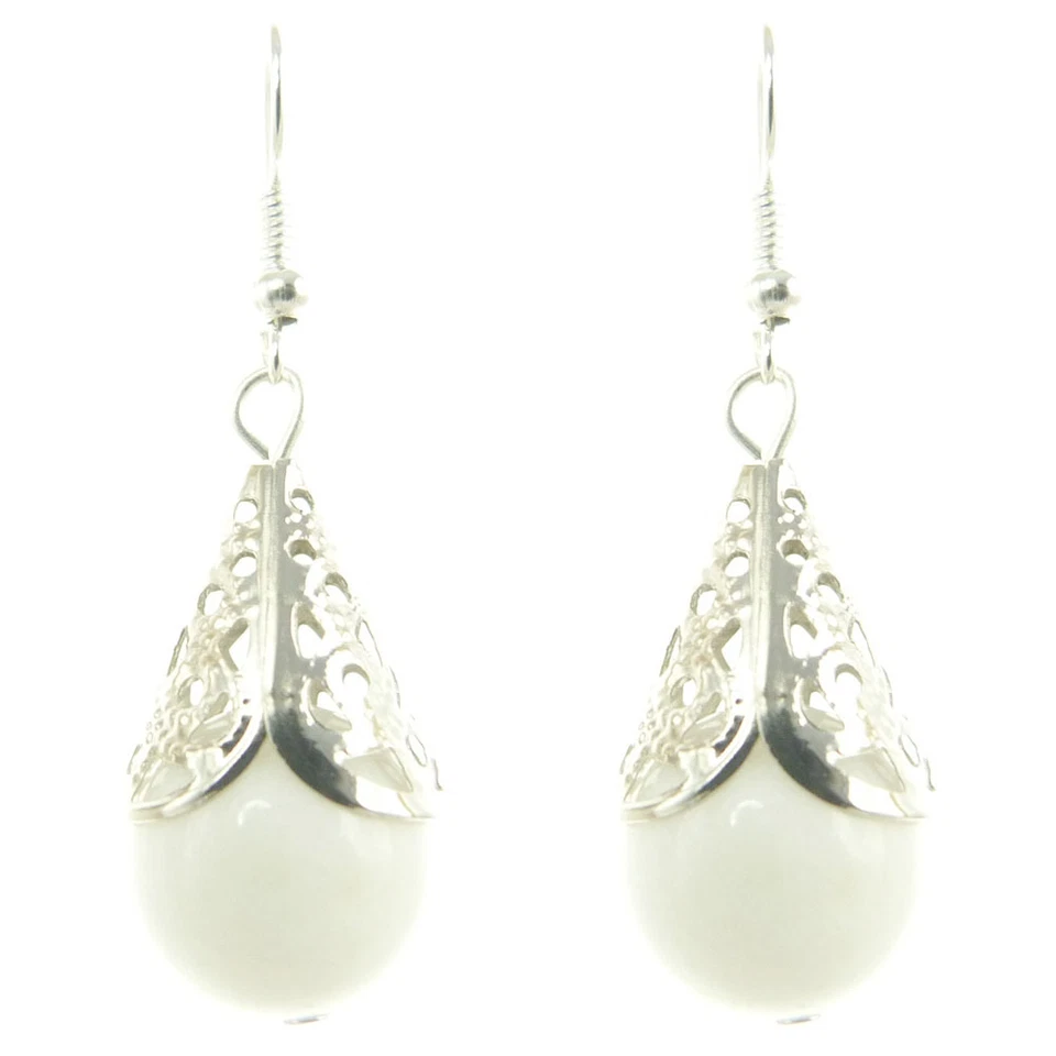 Boucles D'oreilles femme Pendantes ethnique goutte cône argenté perle blanche - Photo 1/1