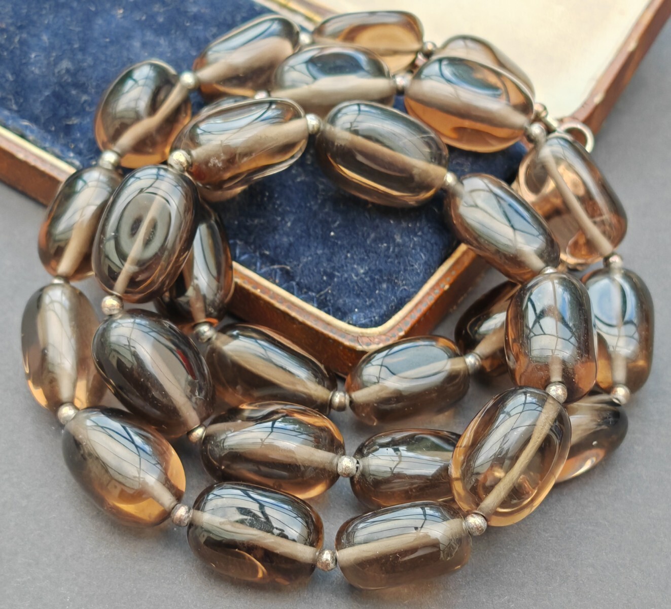 Natural Smokey Quartz Chunky bead 925 Sterling silver gemstone necklace