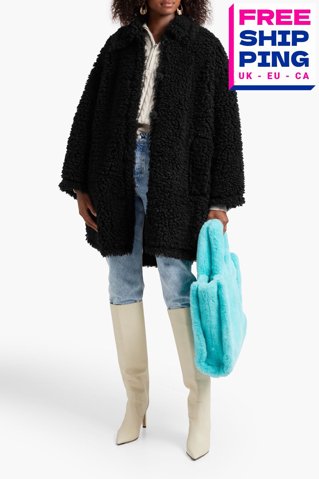 RRP €505 STAND STUDIO Gwen Faux Fur Cloudy Coat FR36 US4 UK8 S Black Oversized