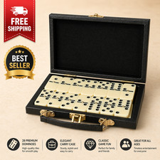 Domino Set - 28 Pieces Double Six Classic Dominoes in Durable Wooden Brown Box -