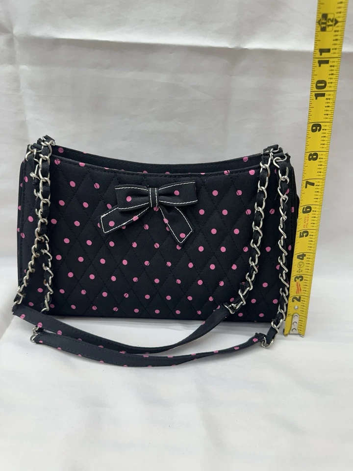 Juego de bolso de hombro acolchado a lunares negro y rosa - 3, correa de cadena y detalle de lazo Foto 2 de 4