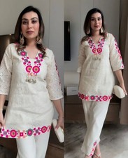White Embroidered Co-Ord Set for Women  Indian Kurta Pant Suit  Ethnic Wear