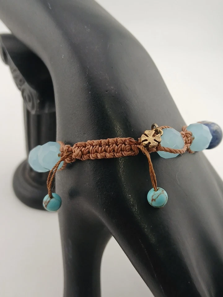 Pulsera ajustable LUCKY BRAND cordón marrón tonos azules cuentas cristal redondas Foto 4 de 4