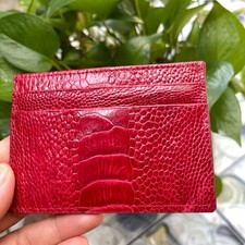 Real Red Ostrich Leg Leather Credit Card Holder Minimalist Wallet Unisex Gift