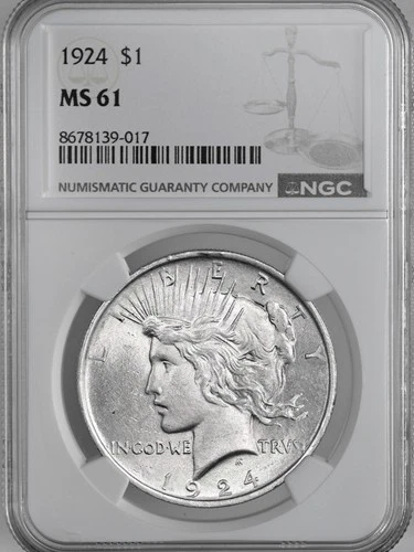 1924-P  $1 PEACE SILVER DOLLAR  "PHILADELPHIA MINT"  NGC MS61 #8678139-017