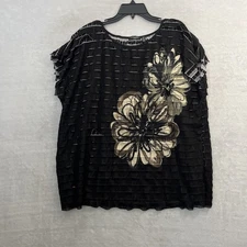 Notations Womans Blouse Top Black Floral Plus 3X Polyester Ruffle Short Sleeve