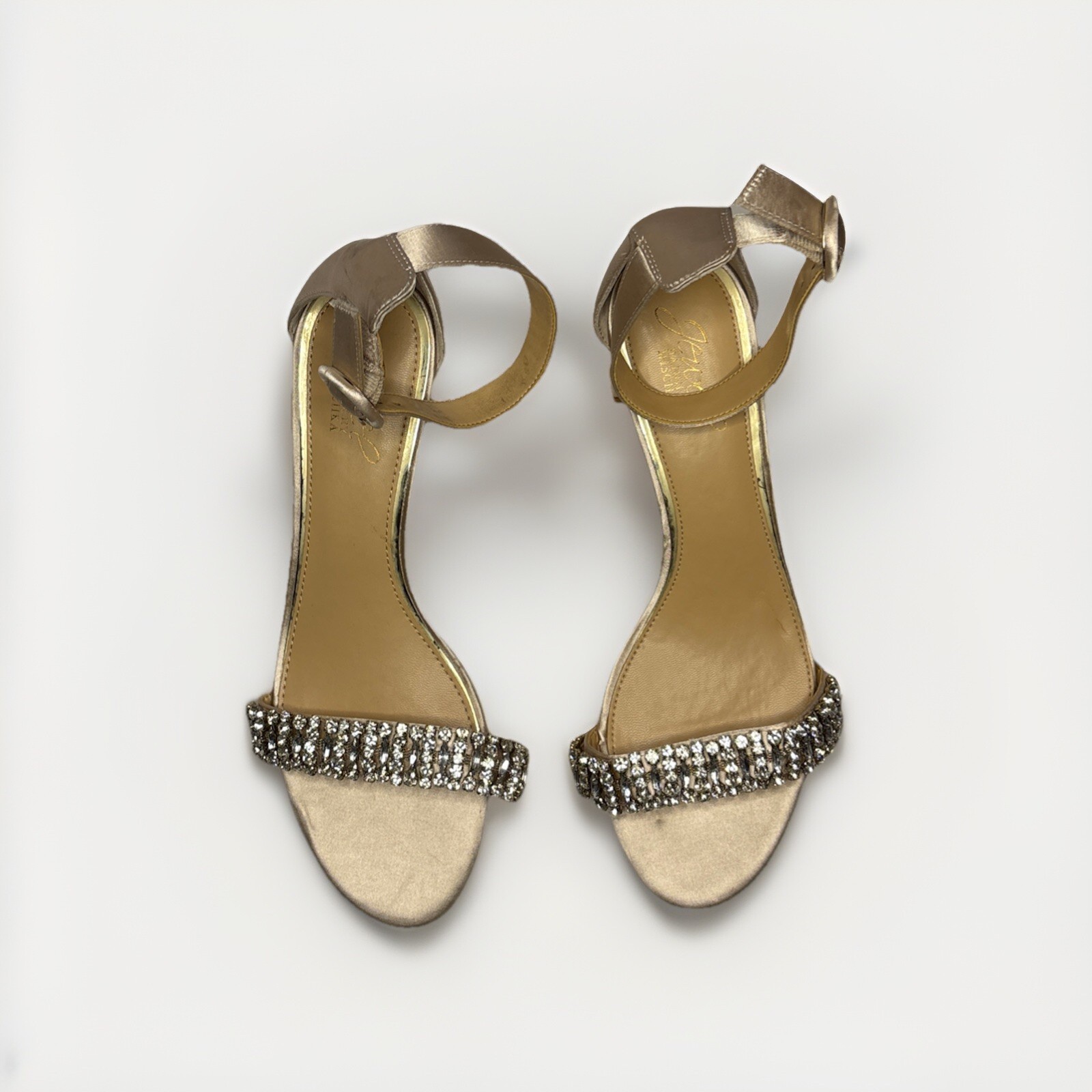 Badgley Mischka Jewel Heels Size 7 Champagne Satin Rhinestone Strap NEW Flawed