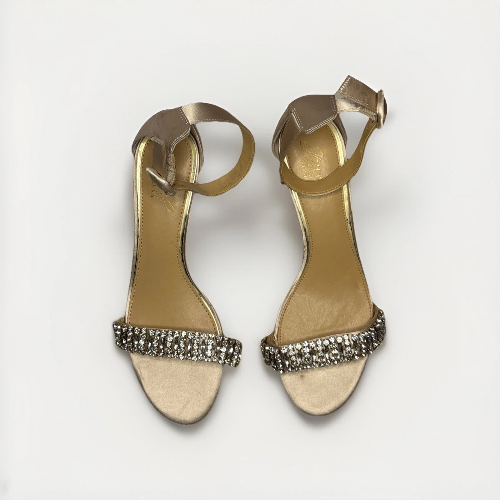 Badgley Mischka Jewel Tacchi Taglia 7 Champagne Raso Strass Cinturino NUOVO Difettoso