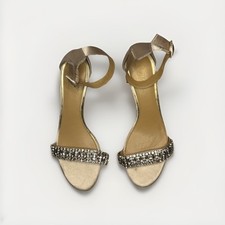 Badgley Mischka Jewel Heels Size 7 Champagne Satin Rhinestone Strap NEW Flawed
