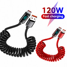 120W Fast Charging USB Type-C Coiled Cord with LED Display Braided