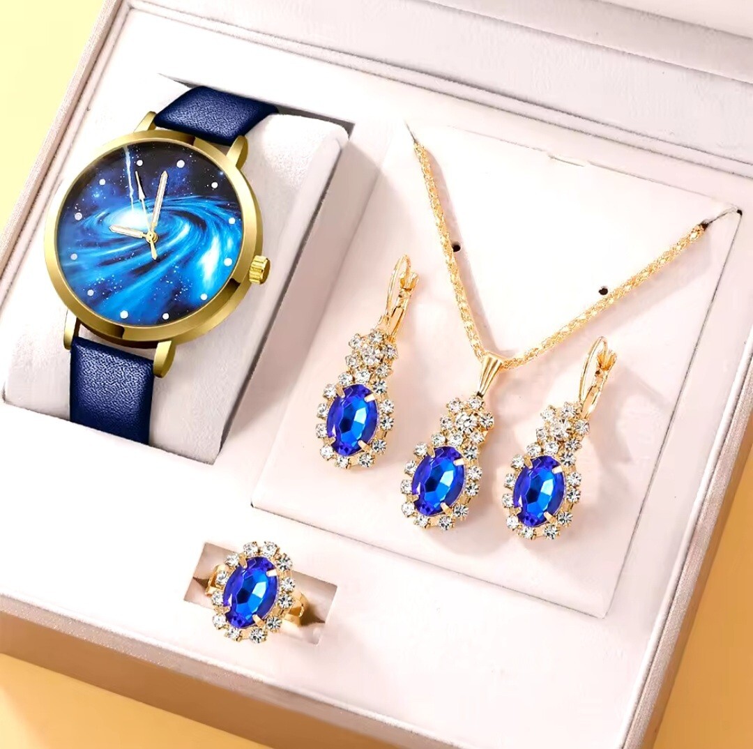 Blue Cristal Gold-Plated Jewellery Set Necklace Earrings Adjustable Ring & Watch