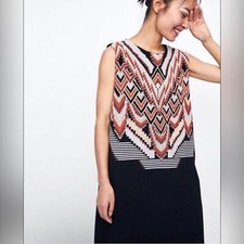 ZARA Geometric Print Raw Hem Black Midi Dress - Size L