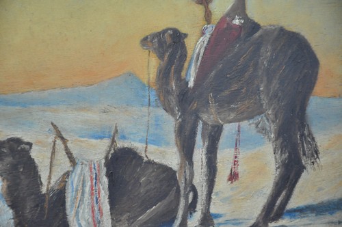 Ancienne peinture huile s bois, orientaliste bédouin dromadaire désert non signé - Imagen 5 de 9