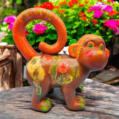 Hand-Painted Monkey Figurine With Floral Accents - Decorative Folk Art Piece For