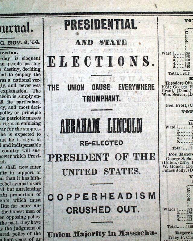 President ABRAHAM LINCOLN Election Victory 1st Report 1864 Civil