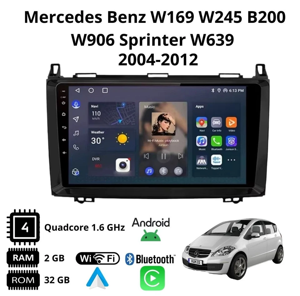 Autoradio Android 9" Mercedes W169 W245 B200 W906 Sprinter CarPlay Bluetooth GPS - Immagine 2 di 4