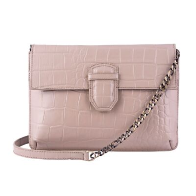 Damen Taupe Leder Clutch Umhängetasche Schultertasche Krokodildruck Rindsleder Tasche