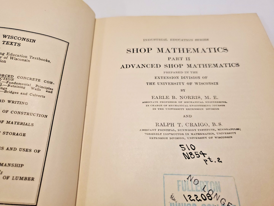 1923 Shop Mathematics Part II Advanced Shop Mathematics HC by Norris ...
