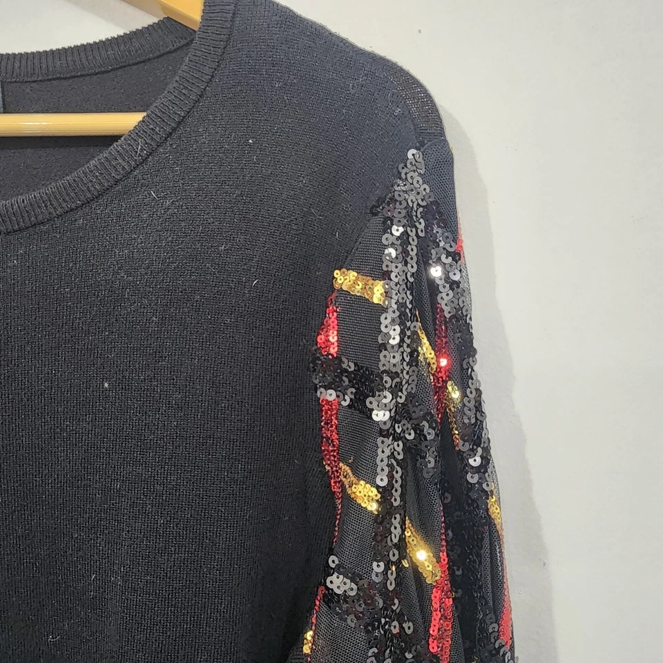 Joseph A. Sequin Mixed Media Sweater Black Balloon Sleeve Stretch Knit Womens L - Image 3 of 4