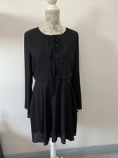 NEW LOOK Black Crisscross Lace up Long Sleeve Floaty Lined Dress UK 14