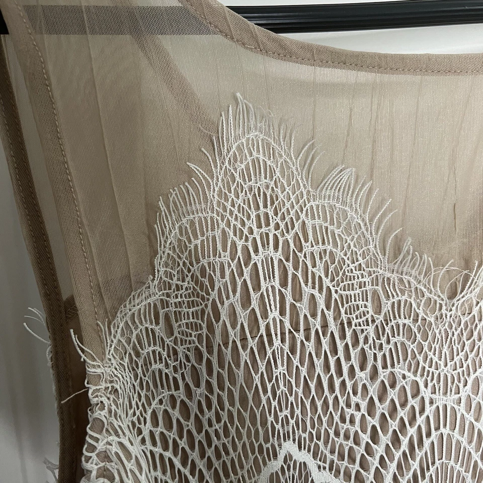 Poetry 网眼蕾丝覆盖连衣裙 L 弹力球衣棕褐色奶油色舞会晚礼服 90 年代 — 第 3/4 张图片