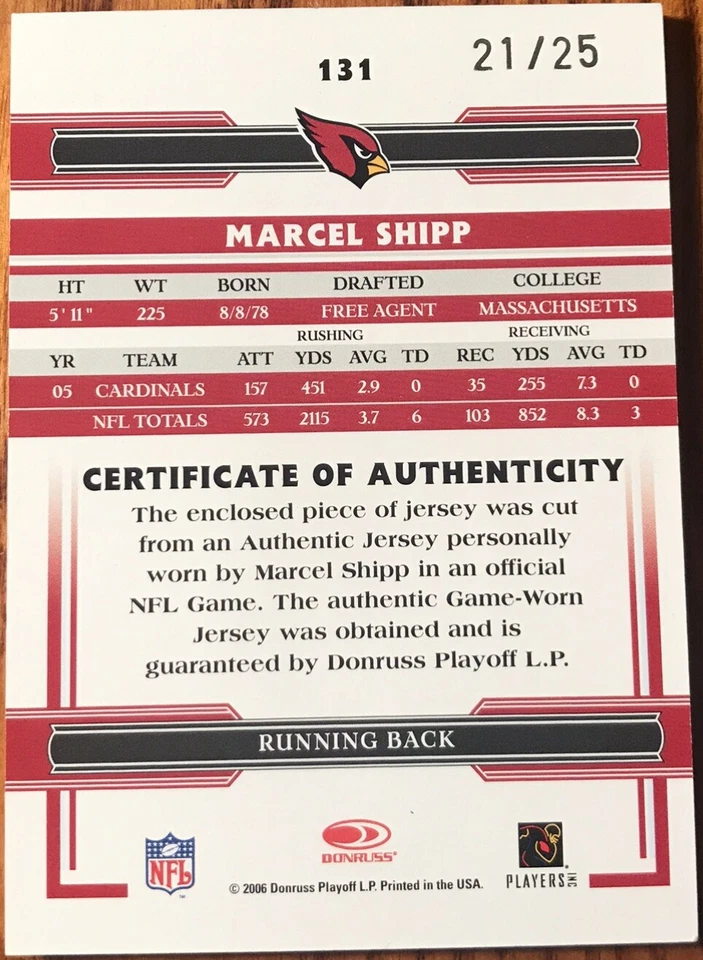 2006 Donruss Threads Jerseys Prime Marcel Shipp #131 Arizona Cardinals #’d 21/25 - Image 2 of 2