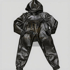 Conjunto de chándal de cuero de cordero genuino para hombre sudadera negra con capucha chándal motociclista