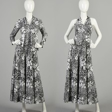 Small 1970s Jumpsuit Palazzo Pant Wide Leg Black White Floral Print Halter Top