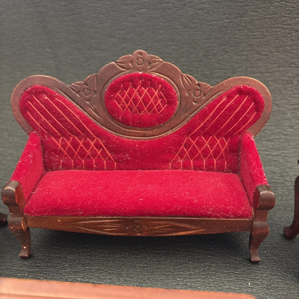 Antique Miniature Dollhouse Victorian Sofa Chair Set Mahogany Table 1:12 - Image 4 of 4