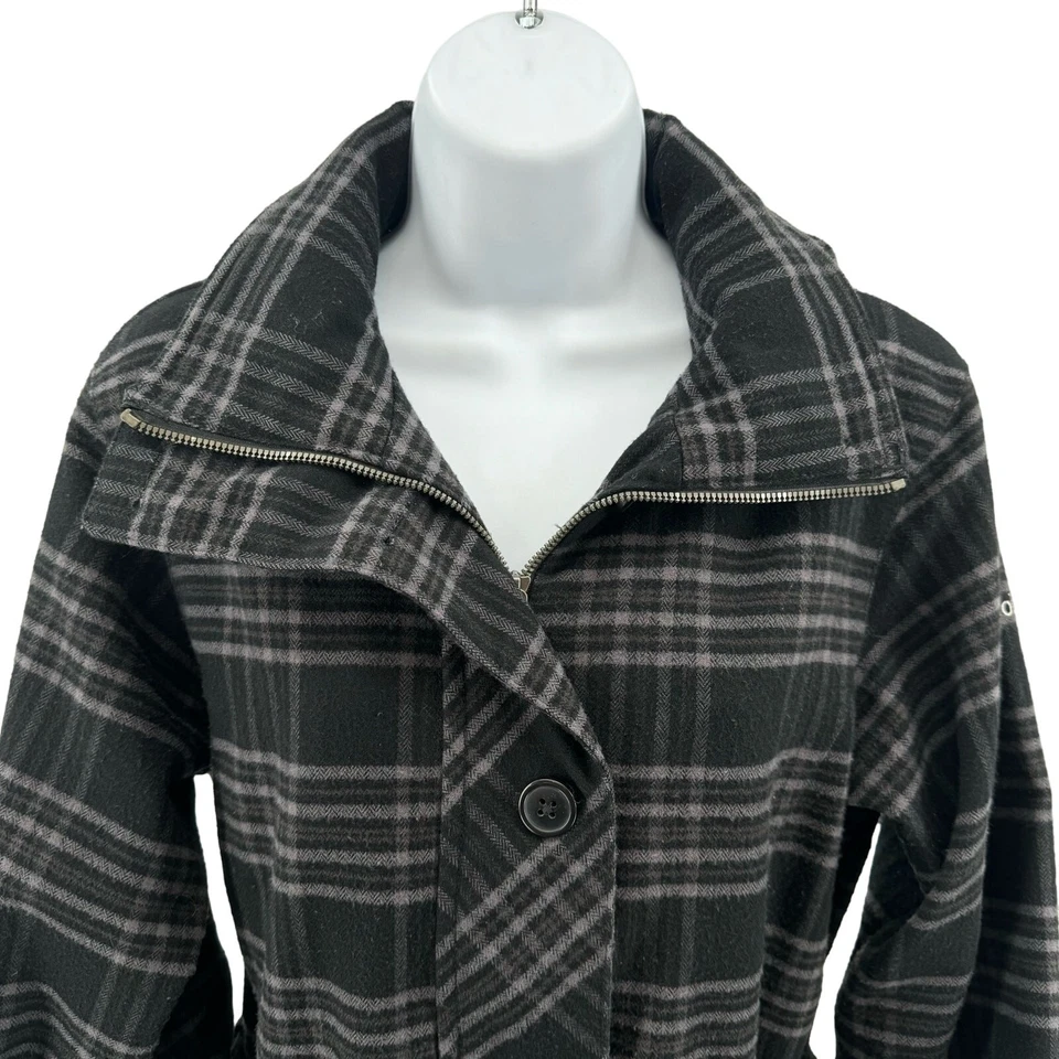 Gabardina Columbia negra/púrpura a cuadros Omni Heat con cinturón para mujer S con capucha cremallera Foto 2 de 4