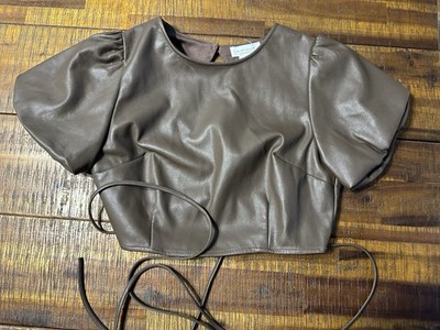 Women s Brown Leather Cropped Boutique Top - Size Small New Without Tags