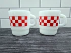 Lot of 2 Vintage Fire-King Ralston Purina Milk Glass Coffee Mugs Red White Check